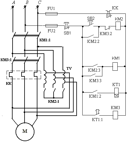 Схема пуска асинхронного двигателя звезда треугольник